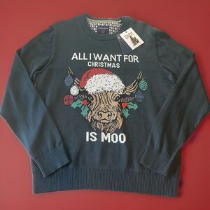 Denim & Flower Highland Cow Christmas Sweater Women’s Large Ugly Sweater Moo